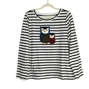 Talbots‎ Women's Navy White Striped Owl Applique Cotton Long Sleeve Top L NEW